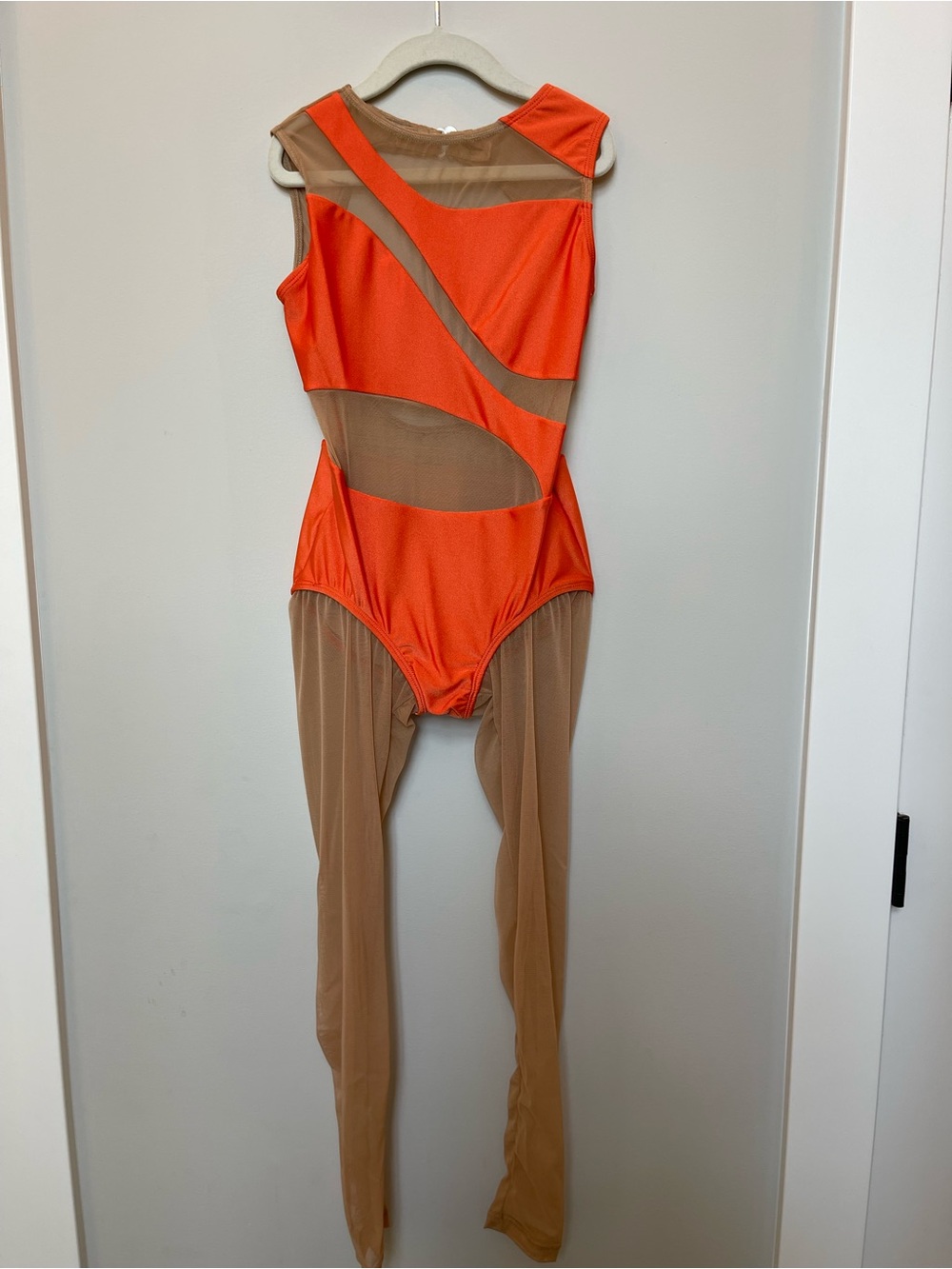 Girls Orange and Nude Mesh Dance One-Piece Bodysuit
